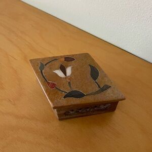 Vintage Inlaid Stone Box with Floral Design and Intricate Carvings